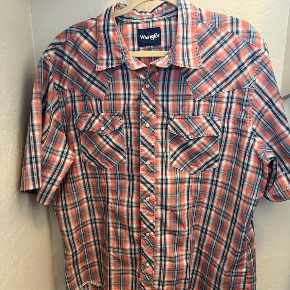 Wrangler Men's Plaid Shirt - Orange and Blue